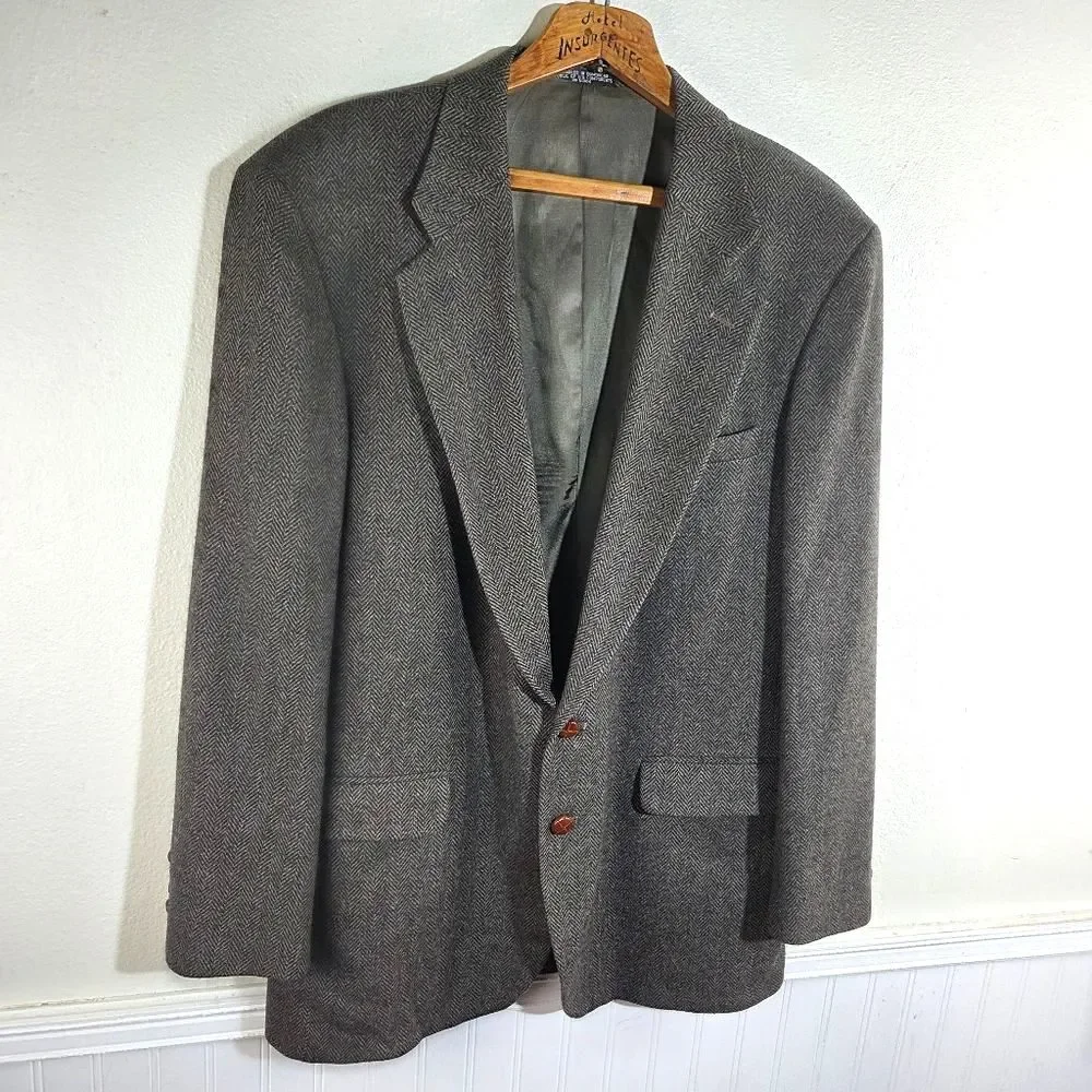 Men's Vintage Woolrich Brown Herringbone Wool Blend Blazer Size 44L
